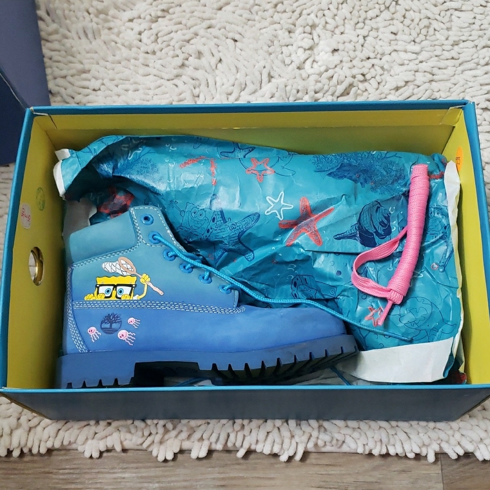 Timberland Kids Blue SpongeBob SquarePants Boots Sz 2 Unisex - Picture 14 of 16